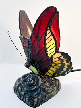 Vtg Stained Glass Tiffany Style Butterfly Lamp Light Brass Fairy Whimsigoth